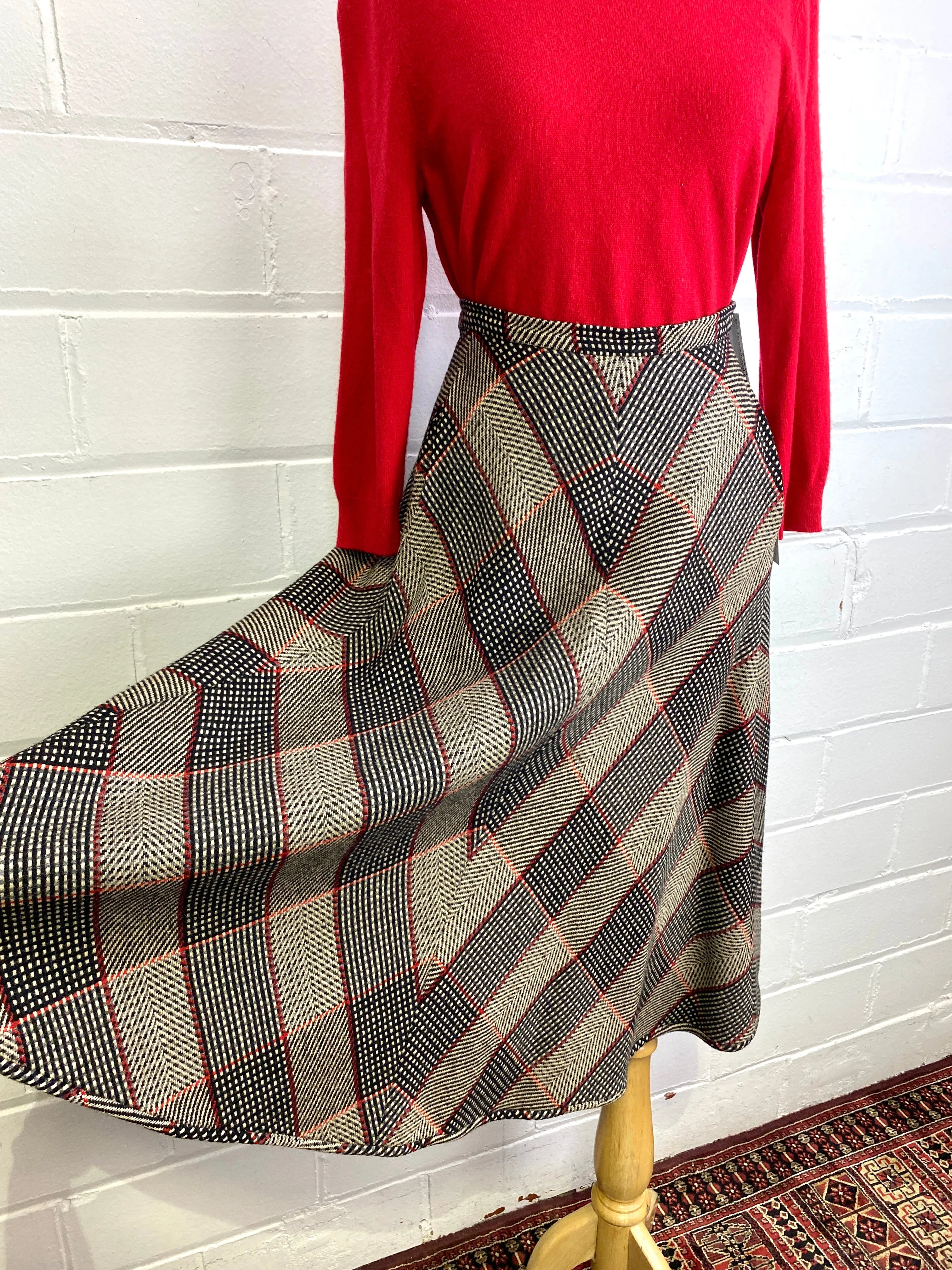 Vintage 1980s Valentino Wool Chevron Plaid Flared Midi Skirt, W30