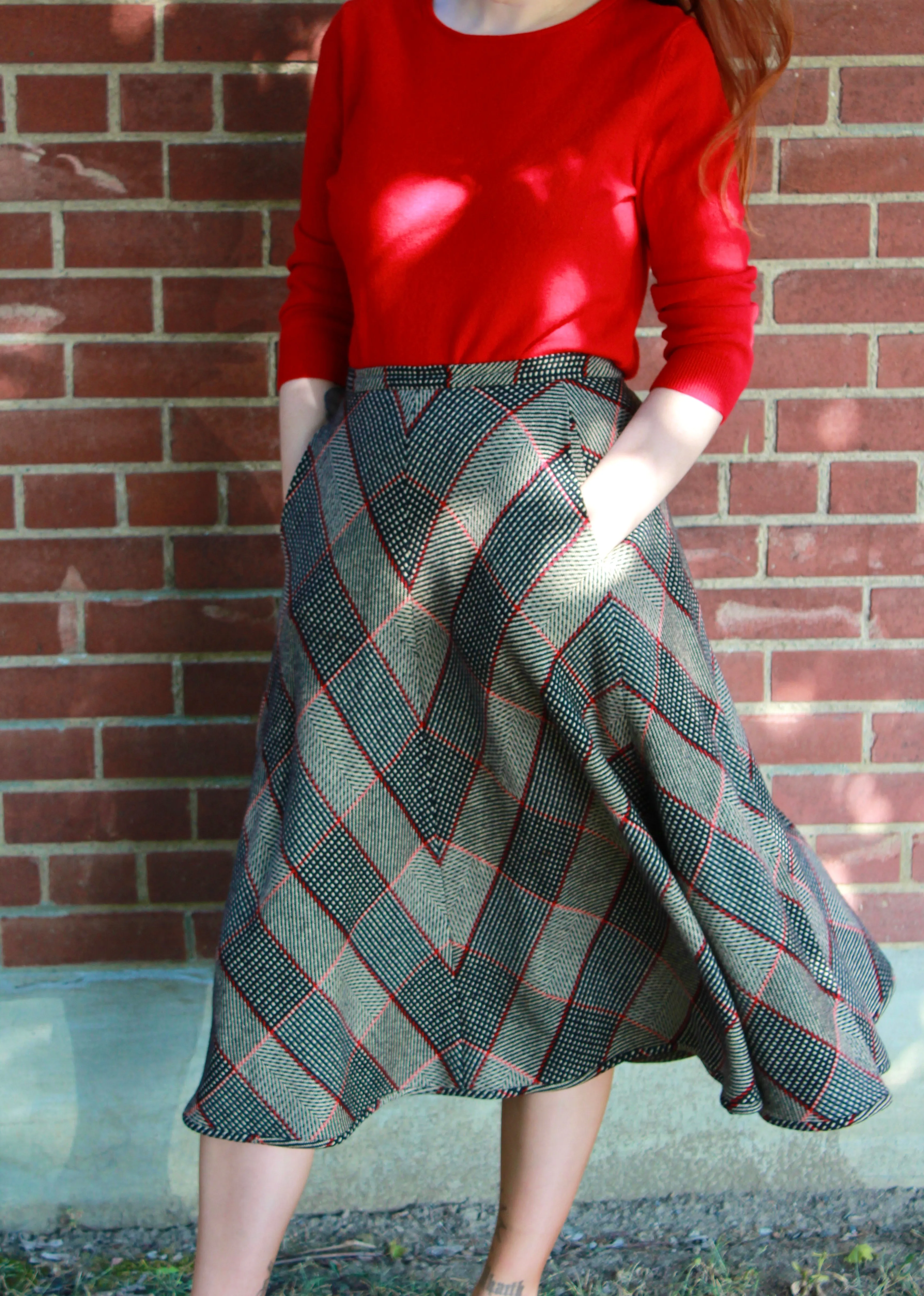 Vintage 1980s Valentino Wool Chevron Plaid Flared Midi Skirt, W30