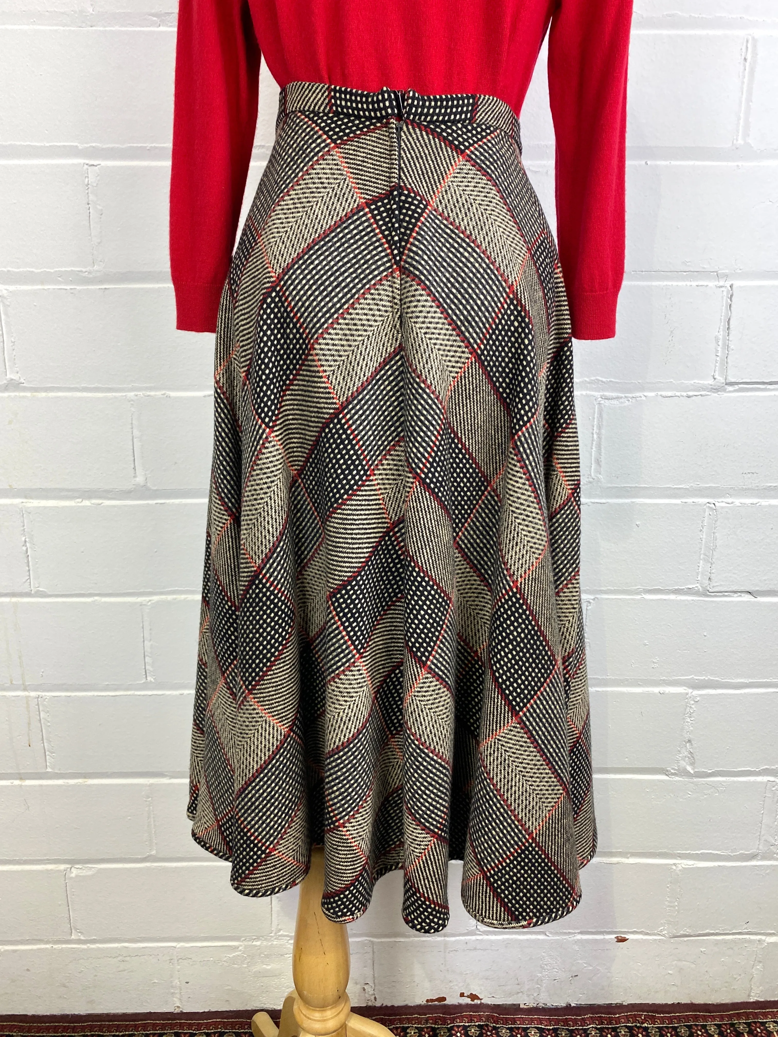 Vintage 1980s Valentino Wool Chevron Plaid Flared Midi Skirt, W30