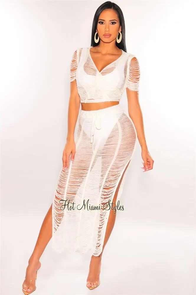 White Crochet Knit Sheer Skirt Two Piece Set Cover Up