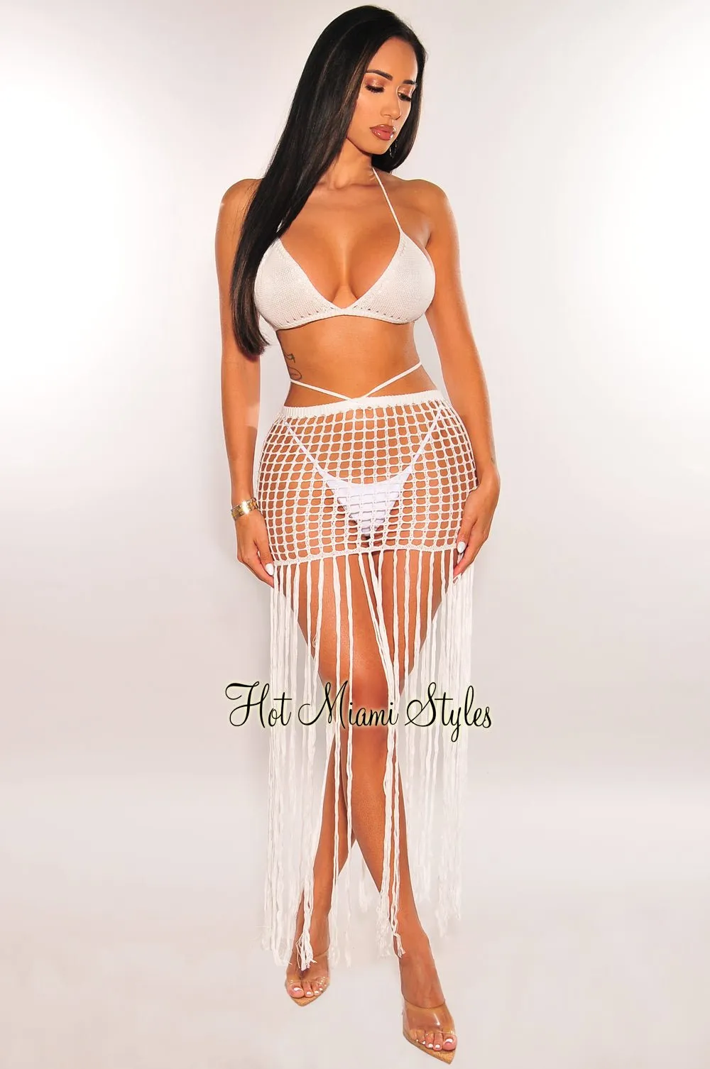 White Crochet Triangle Top Bikini Fringe Skirt Three Piece Set