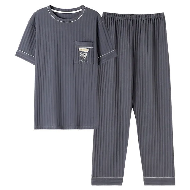 Wjczt Elegant Mens Leisure Sleepwear Big Size Luxury Men Summer Nightwear Short Sleeved Long Pants Pijama Knitted Cotton Pajamas Set