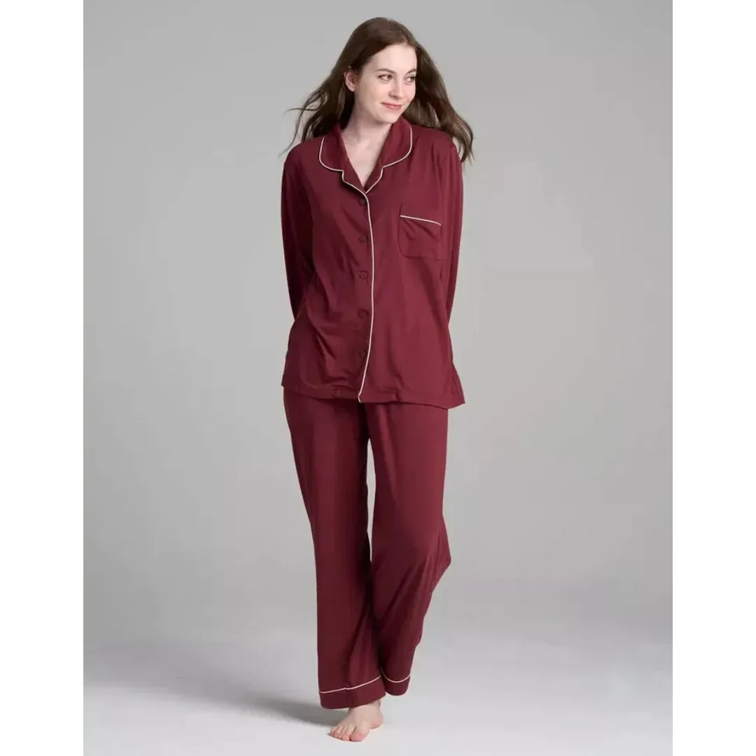 Women Bordeaux Pyjamas Set Knit Lounge Bottom Pants and Long Sleeve Button Top