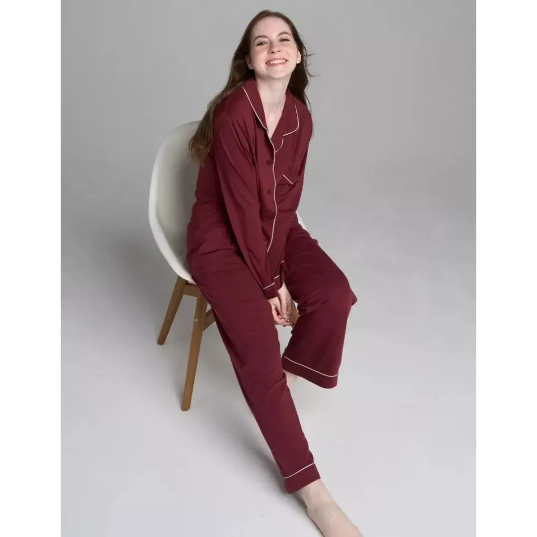 Women Bordeaux Pyjamas Set Knit Lounge Bottom Pants and Long Sleeve Button Top