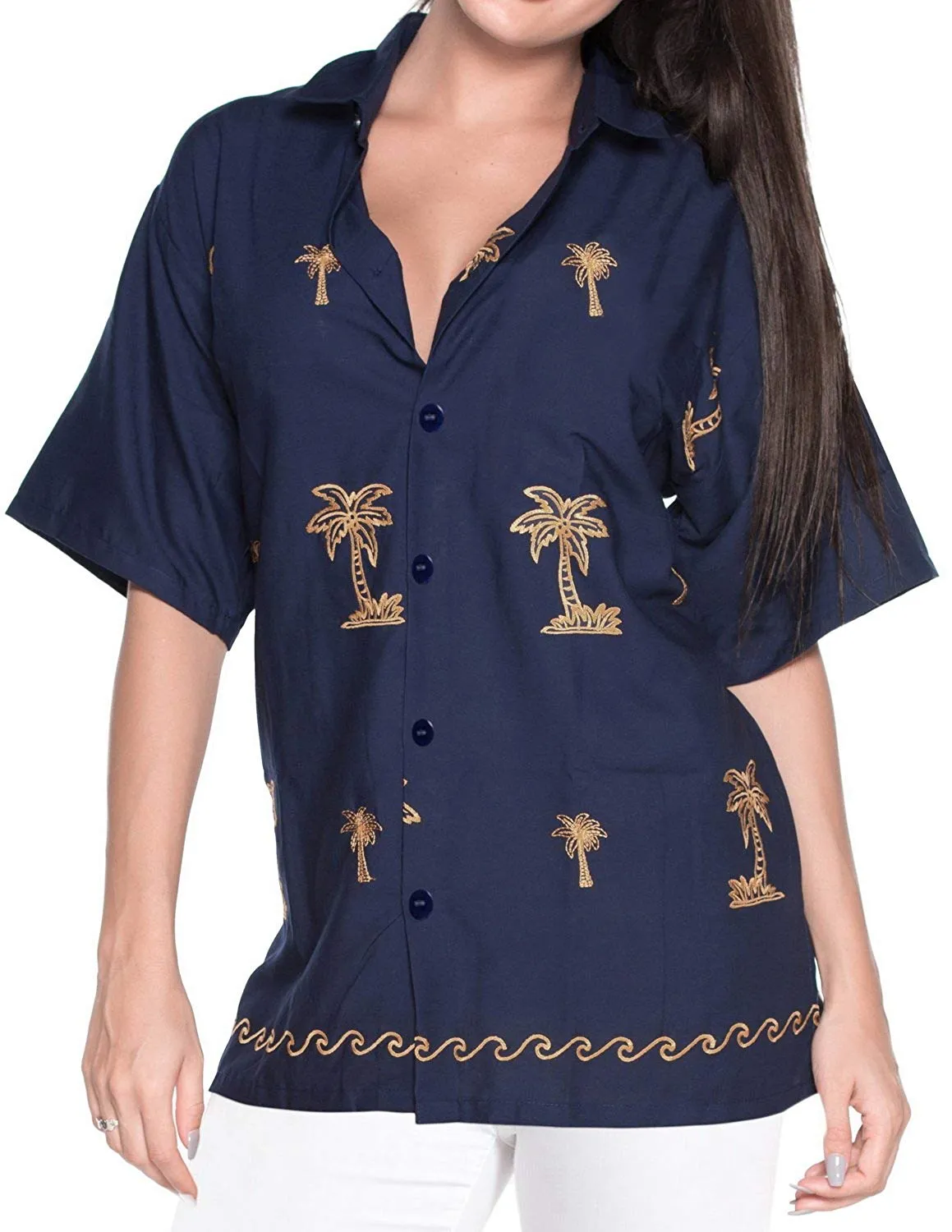 Women Hawaiian Shirt Embroidered Blouses Casual Workwear BoyFriend Dress Top