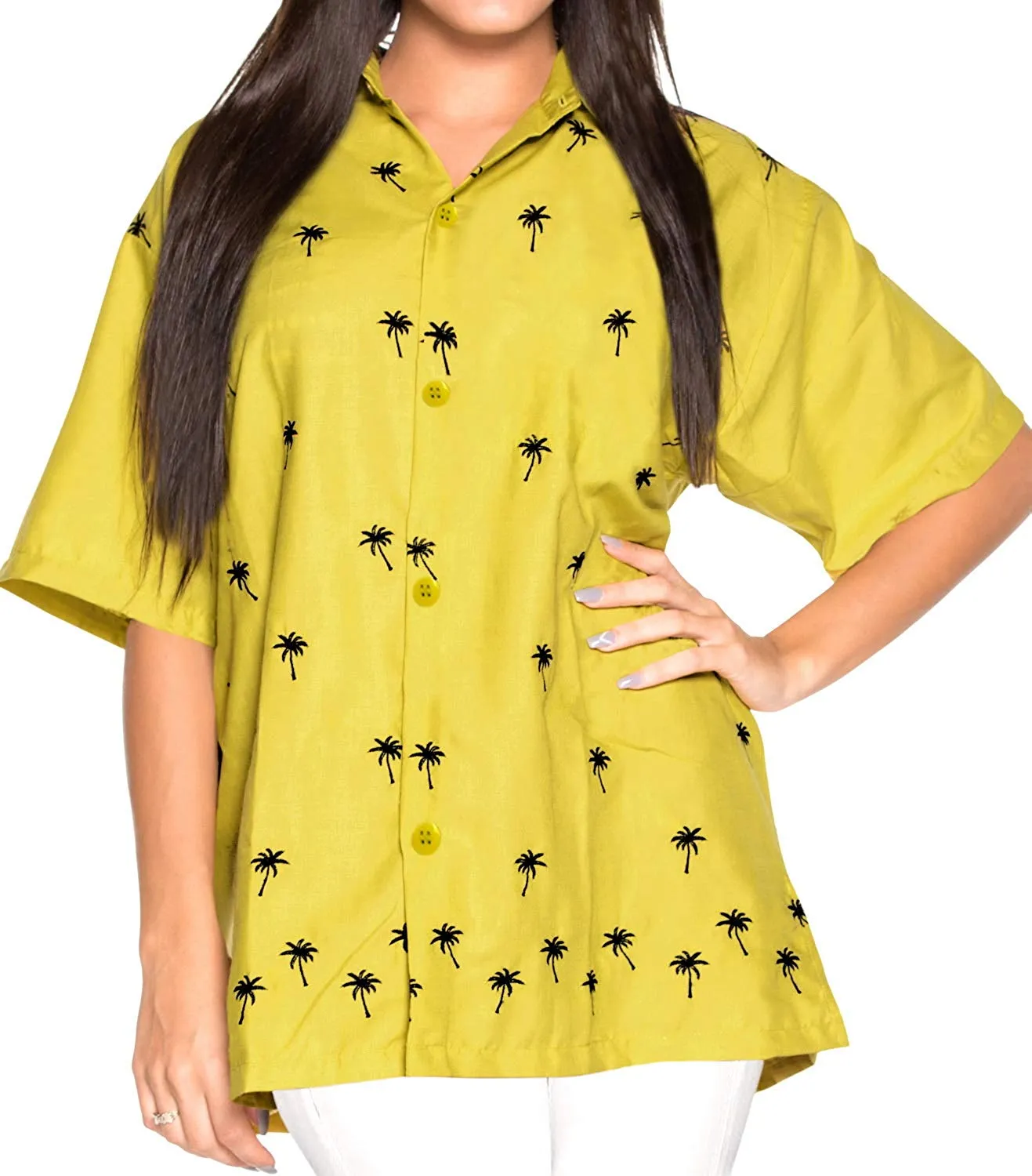 Women Hawaiian Shirt Embroidered Blouses Casual Workwear BoyFriend Dress Top