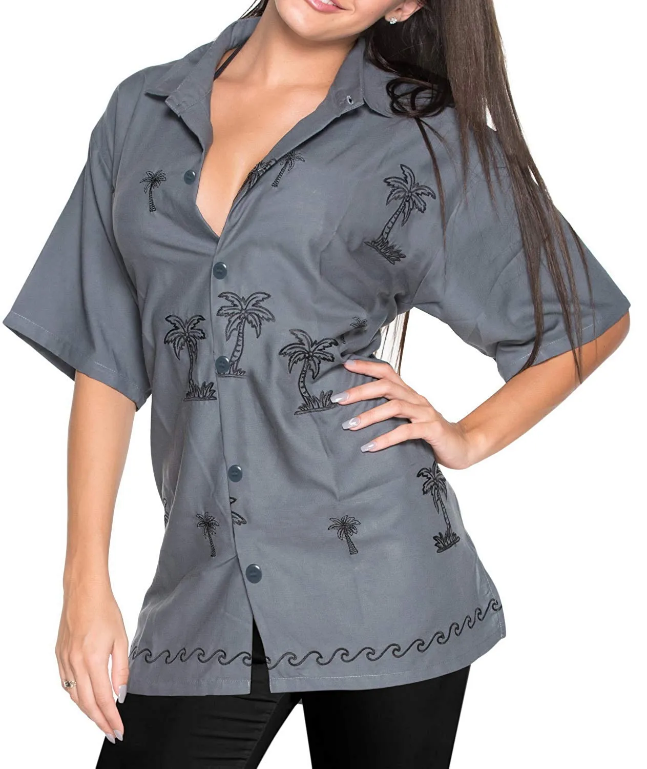 Women Hawaiian Shirt Embroidered Blouses Casual Workwear BoyFriend Dress Top