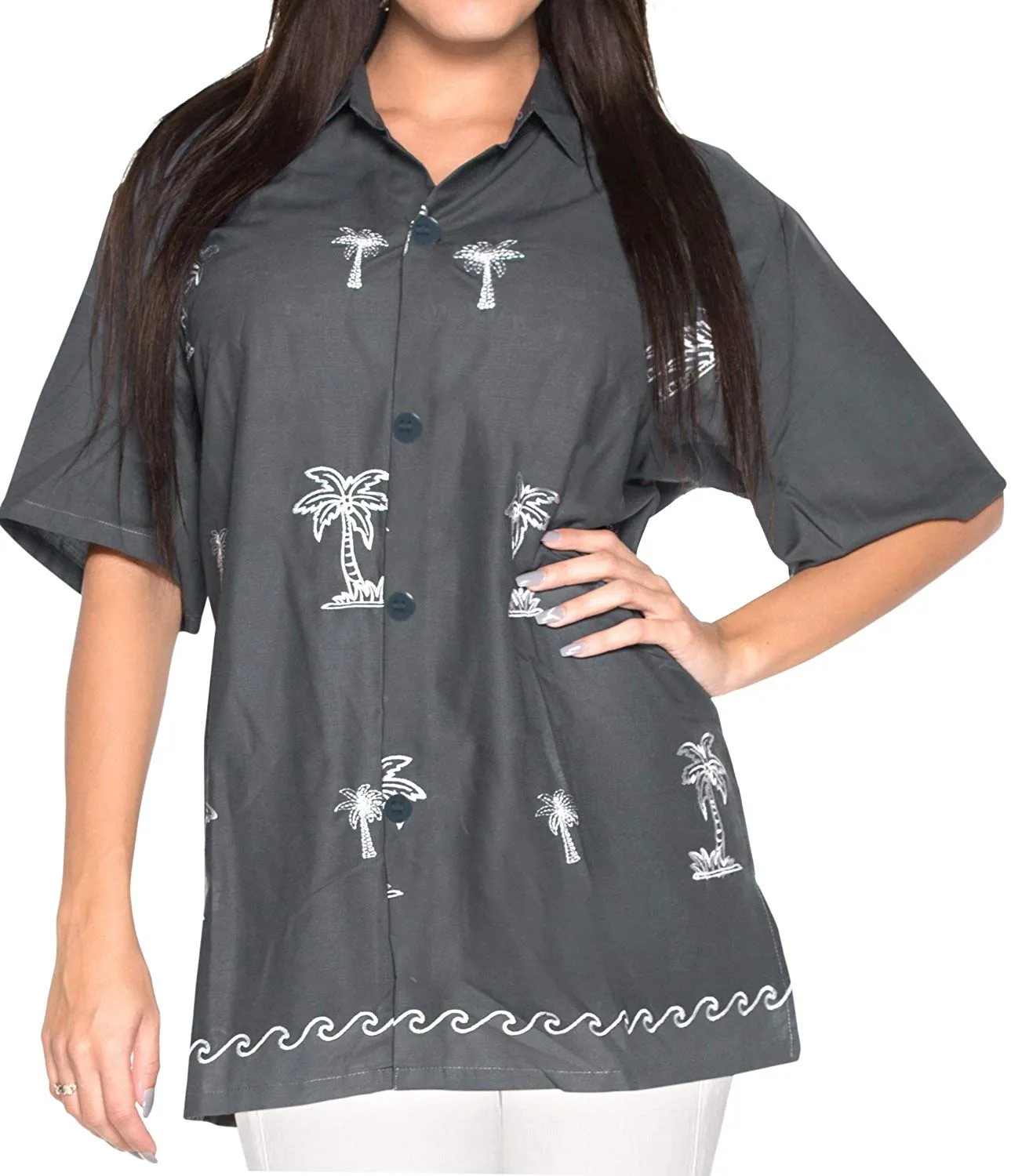 Women Hawaiian Shirt Embroidered Blouses Casual Workwear BoyFriend Dress Top