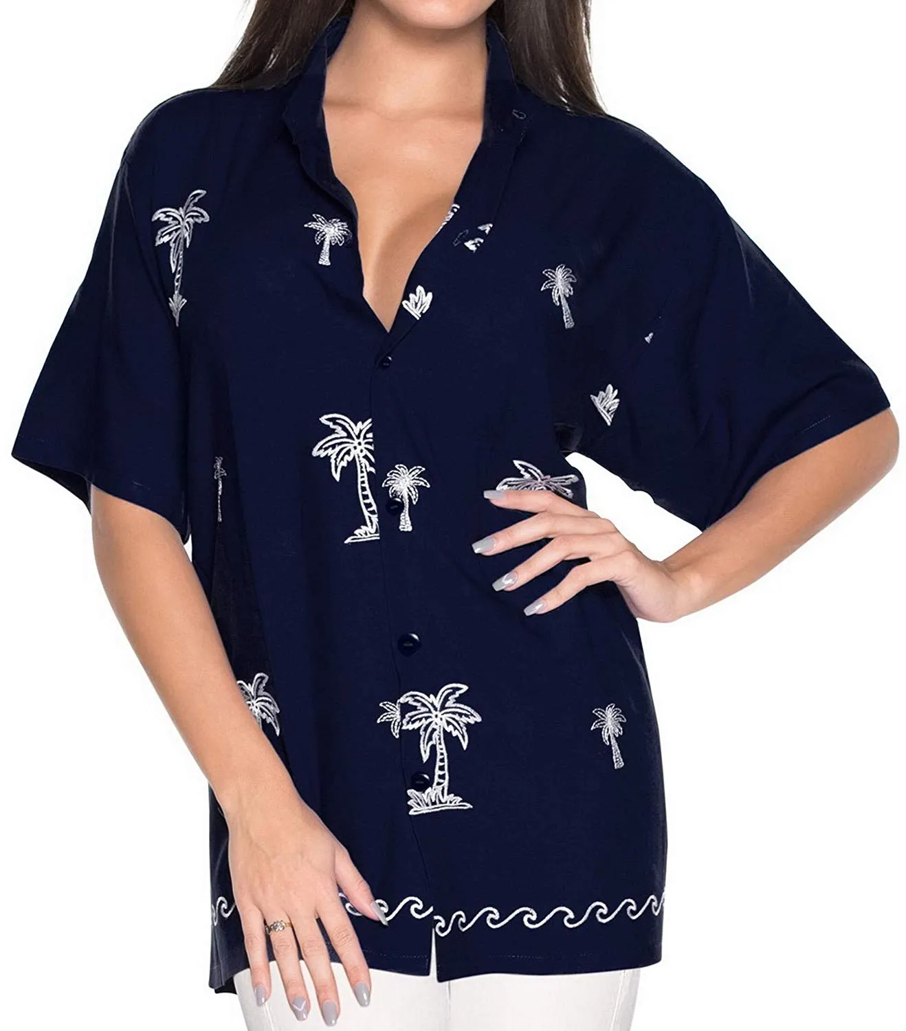 Women Hawaiian Shirt Embroidered Blouses Casual Workwear BoyFriend Dress Top