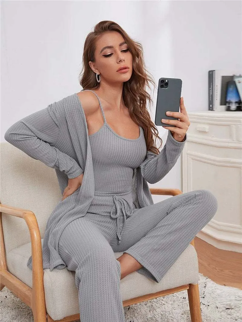 Women's Waffle Knitted 3-Piece Pajama Set