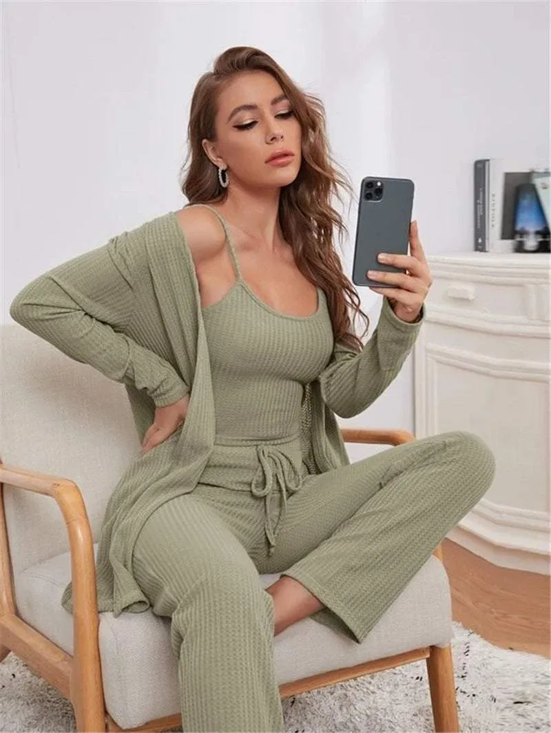 Women's Waffle Knitted 3-Piece Pajama Set