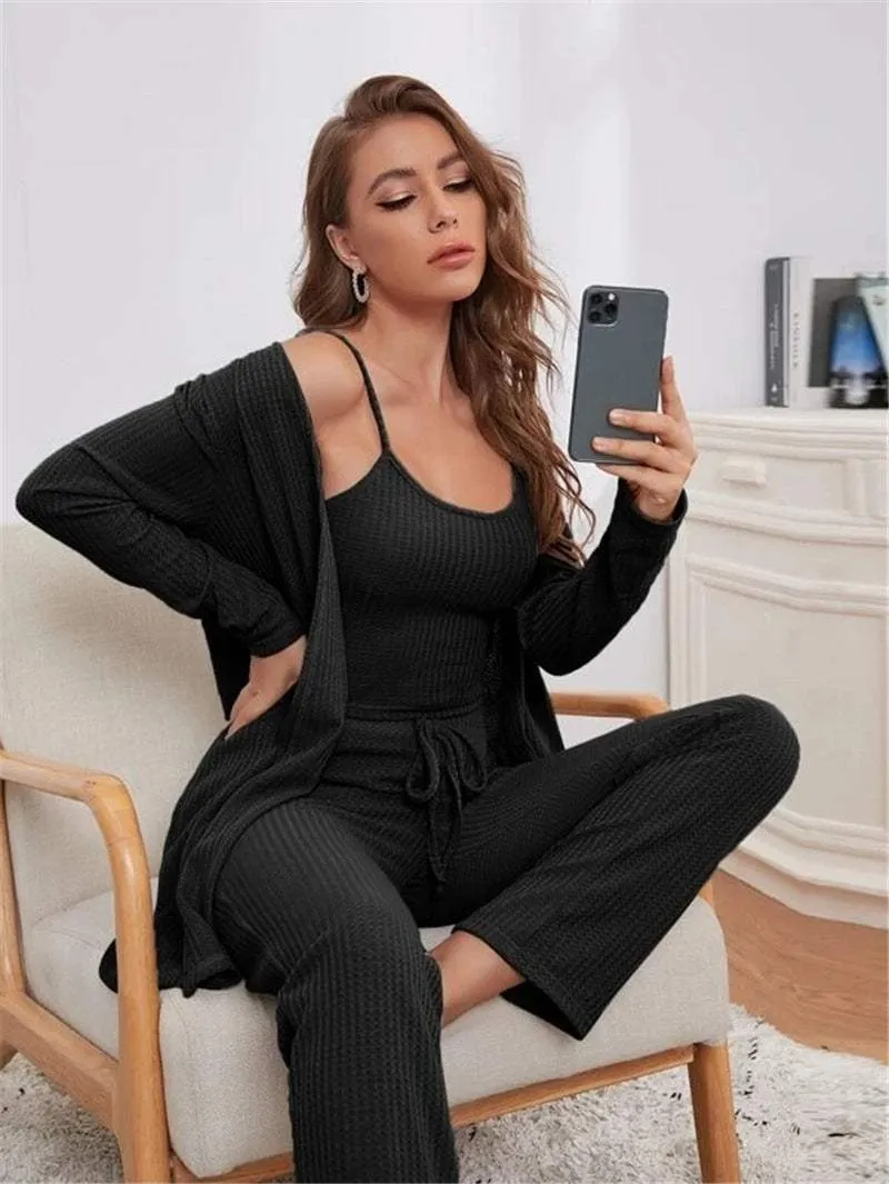 Women's Waffle Knitted 3-Piece Pajama Set