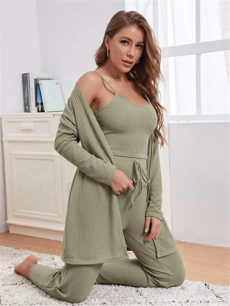 Women's Waffle Knitted 3-Piece Pajama Set