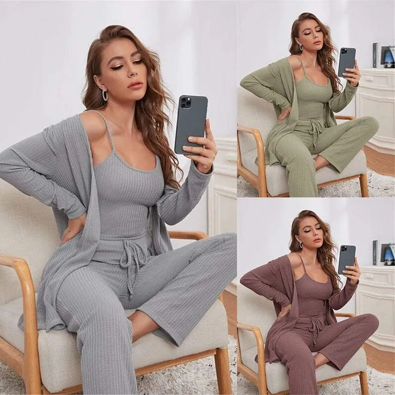 Women's Waffle Knitted 3-Piece Pajama Set