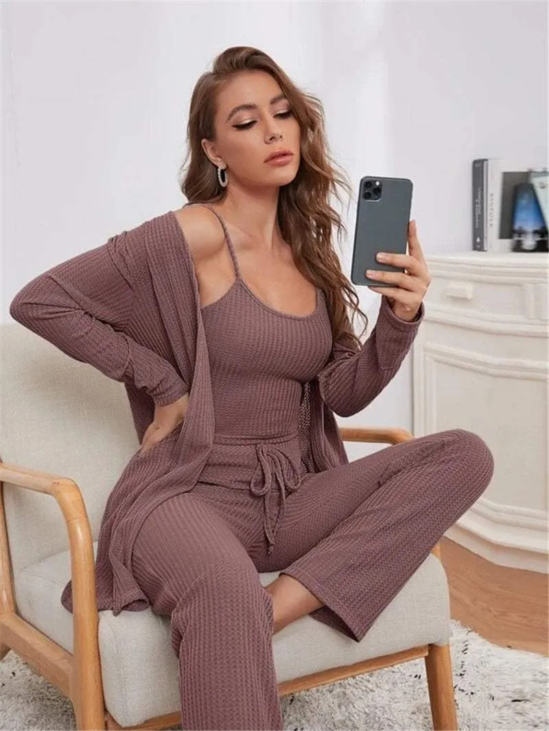 Women's Waffle Knitted 3-Piece Pajama Set