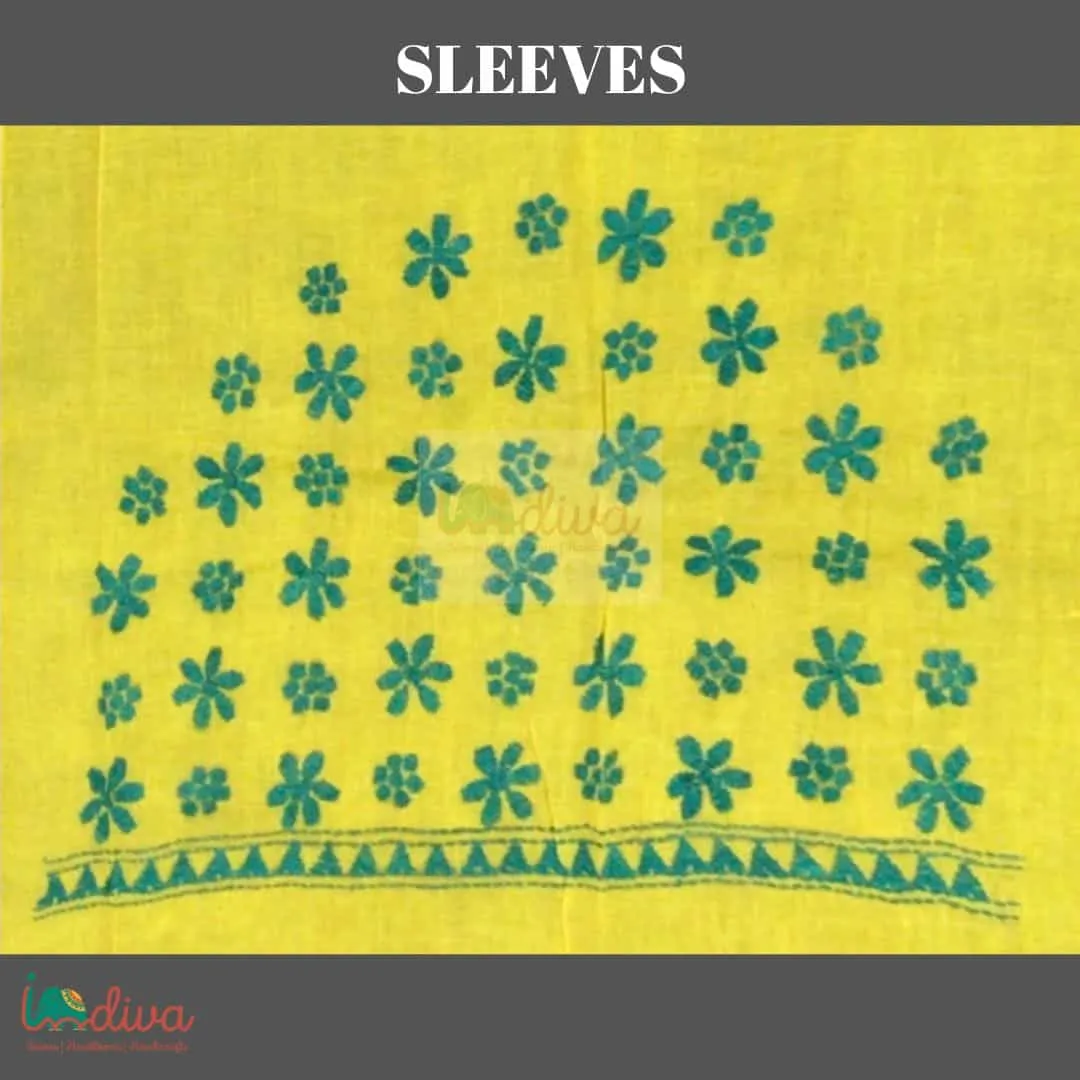 Yellow Kantha Blouse Fabric With Green Floral Motifs