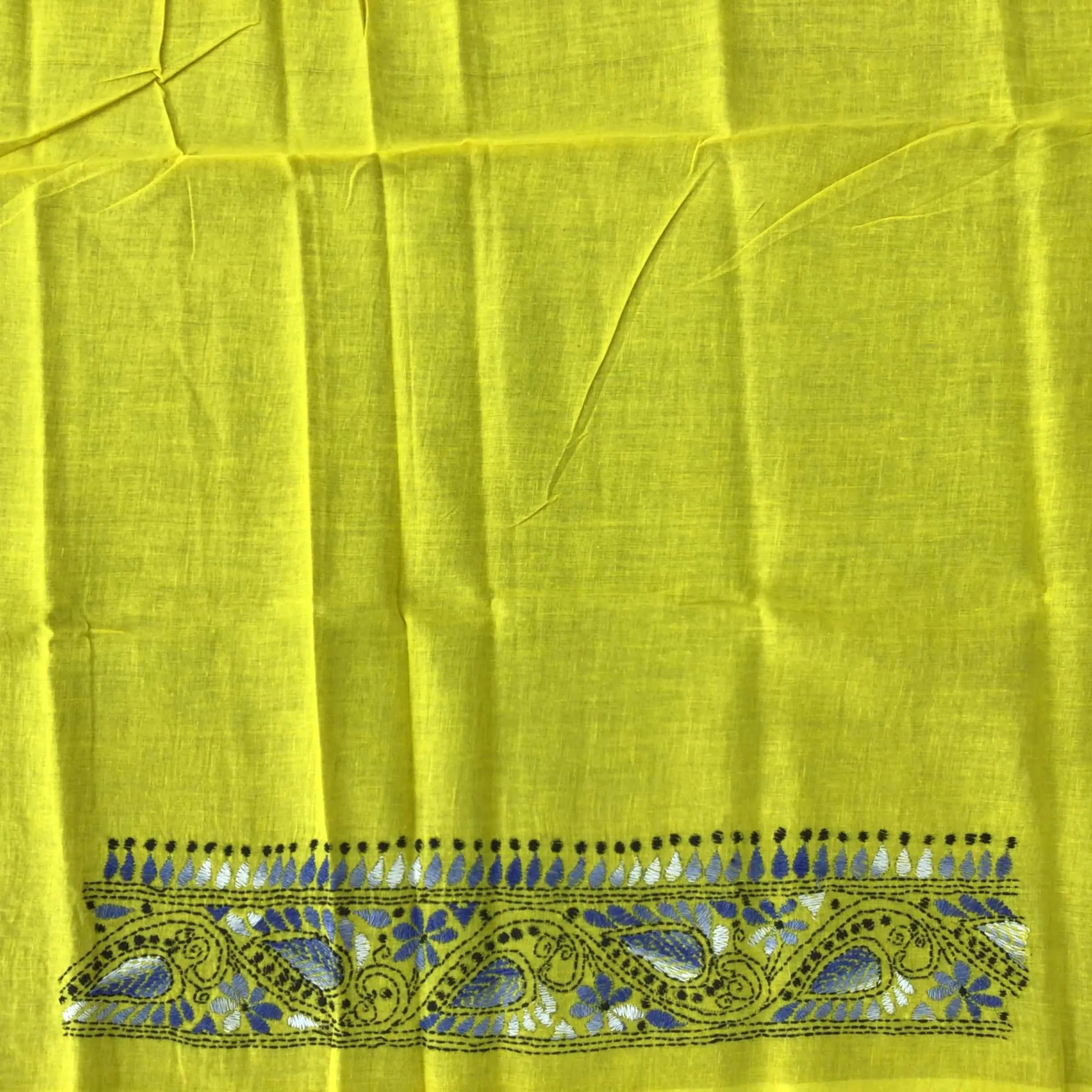 Yellow Kantha Blouse Fabric With White & Blue Motifs